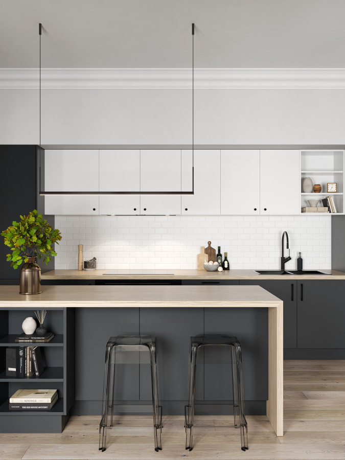 Clovelly 2 tone kitchen. Charcoal base and tall cabinets .Fresh white Clovelly upper cabinets. copy